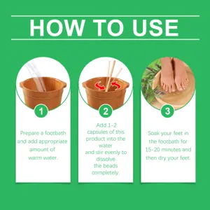 Imagen de detalle de la guía de uso de perlas de baño para pies en tres sencillos pasos.