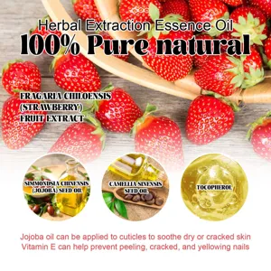 Strawberry nail care oil detail showing natural herbal extracts, jojoba oil and vitamin E.