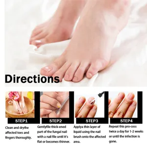 Guide détaillé étape par étape montrant l'application du liquide de soin pour les ongles.