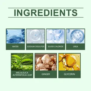 XIMONTH nail care liquid detail ingredient chart showing water, tea tree leaf, and ginger.