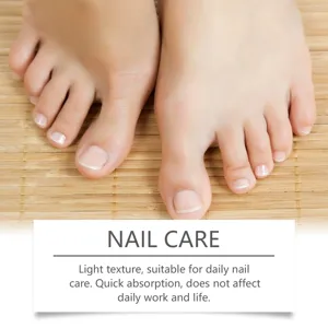 Detail view of nail care application showing smooth toenails on natural wooden texture mat.