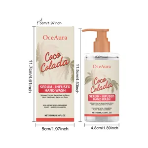 OceAura Coco Colada Hand Wash 100ml with pump bottle and packaging box dimensions details.