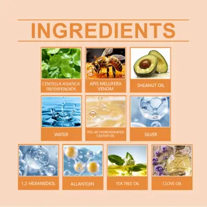 Infographie détaillée présentant des ingrédients de soins comme la centella et l'arbre à thé.