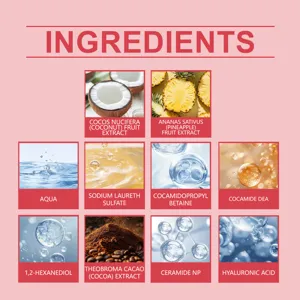 Detailed ingredient infographic showing active botanical and moisturizing extracts in hand wash.