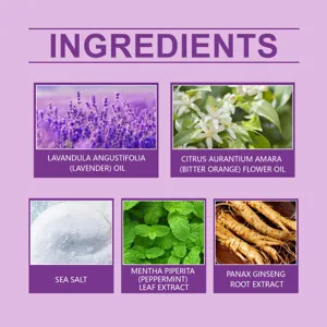 Infografía detallada de ingredientes con lavanda, naranja amarga, sal, menta y ginseng natural.