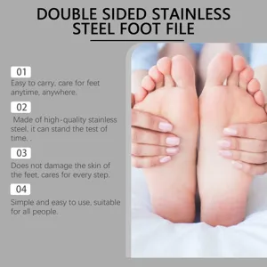 Double sided stainless steel foot file detail showing key features and foot care scene.