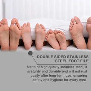 Double-sided stainless steel foot file detail showing durable construction for calluses.