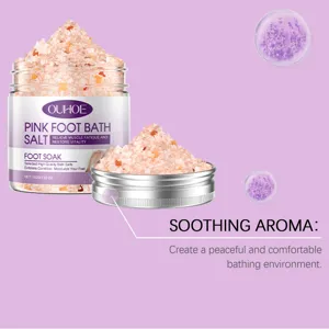 Sal de baño para pies rosa OUHOE, exfoliante mineral para relajación y cuidado calmante.