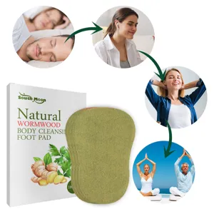 Detail view of wormwood cleansing foot pads with lifestyle application scenes and packaging.