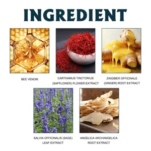 Bee venom foot bath beads ingredient detail showing natural extracts like ginger and safflower.