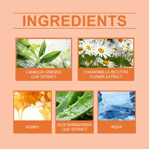 Grafico de ingredientes naturales de cuidado con extracto de te verde, miel y aloe vera.