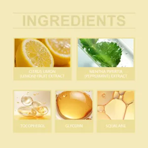 Hand cream botanical key ingredient detail infographic showing lemon and mint extracts.