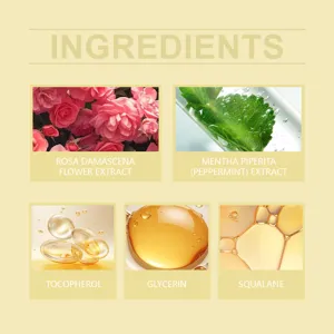 Detailed product ingredient showcase highlighting natural plant extracts and essential skin oils.