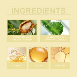 Natural hand cream key ingredients detail infographic showing nourishing shea butter and squalane.