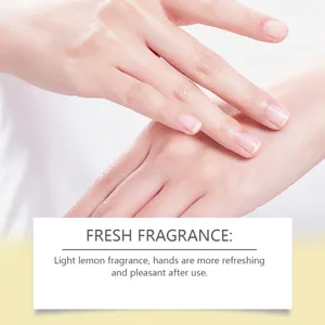 Hand cream detail showcasing fresh lemon fragrance, smooth texture and hand moisturizing.
