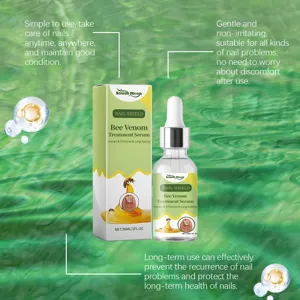 South Moon bee venom nail treatment serum bottle detail view showing dropper and packaging.