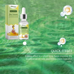 Detailed view of the bee venom nail treatment serum bottle and packaging box in water.