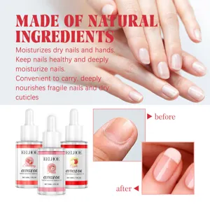 Cuticle oil detail showing natural nourishing ingredients, dropper bottles and nail care results.