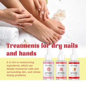 Close-up detail of EELHOE nourishing cuticle oil bottles for dry nails and hands care.