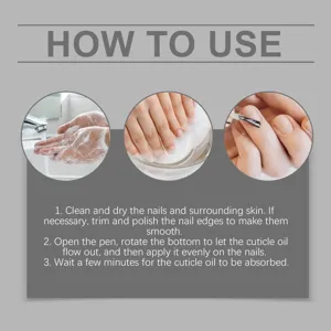 Nail cuticle oil pen usage instruction detail graphic showing step by step application guide.
