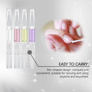 Detailed close-up view of portable nail nutrient oil pens set with hand application scene.