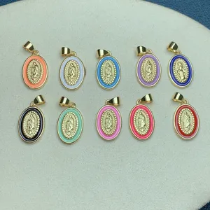 Pendentif Ovale Émail Vierge Marie Plaqué Or Religieux Accessoires Bijoux DIY Colliers