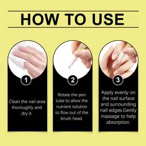 Nail care pen usage guide detail showing clean, rotate, and massage steps for healthy nails.