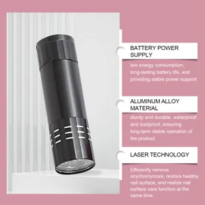 Detail view of black portable nail care device featuring aluminum alloy and laser tech.