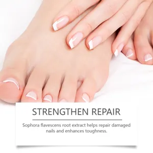 Professional nail care liquid detail showing repaired healthy nails and smooth cuticles.