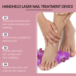 Detailed view of handheld nail treatment device usage scenario with foot care and flowers.