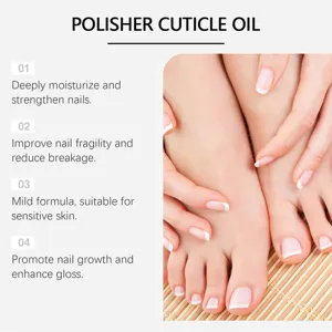 Detail view of nail cuticle oil features, deep moisturizing and strengthening brittle nails.