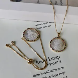 Alloy Mother Of Pearl Virgin Mary Religious Pendant Charms With Colorful Rhinestones Round DIY Jewelry Findings For Women