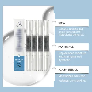 Nail care pen detail showing active ingredients like urea, panthenol and jojoba seed oil for nails.