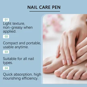 Detail view of nail care pen features, light texture and quick absorption for healthy nails.
