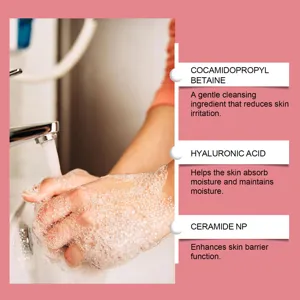 Detailed view of gentle hand wash foam highlighting key ingredients for skin moisturizing care.