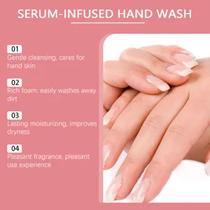 Detailed view of serum infused hand wash features, highlighting gentle cleansing and moisture.
