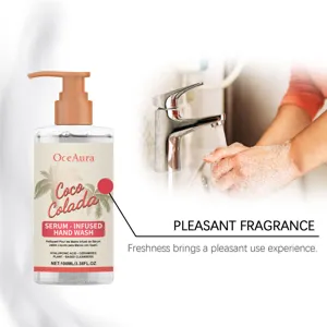 OceAura Coco Colada serum-infused hand wash pump bottle detail for gentle daily hand care.