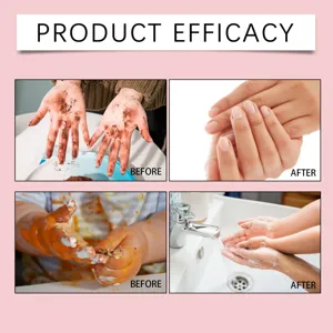 Detail view of hand wash efficacy, showing clean and moisturized hands before and after use.