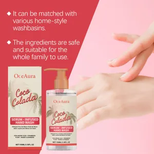 Detailed view of Coco Colada hand wash pump bottle with rich serum infused formula and box.
