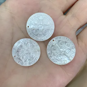 Natural White Mother Of Pearl Shell Round Saint Benedict Cross Medal Pendant Religious Charm For DIY Jewelry Making Accessories