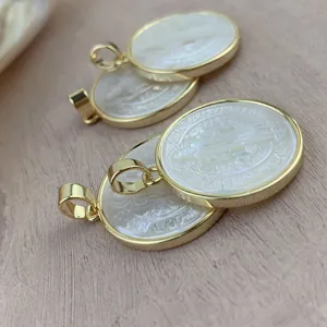 Gold plated oval mother of pearl pendant charms for DIY necklace jewelry making supplies
