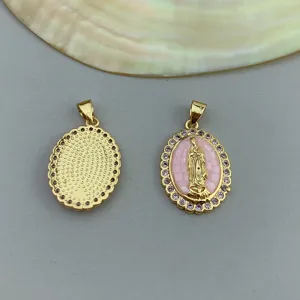 Gold-plated oval Guadalupe pendant featuring pink shell and sparkly purple cubic zirconia stones.