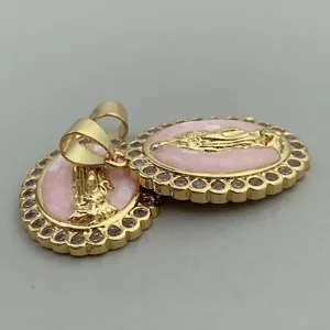 Oval Guadalupe Mary pendant, gold plated pink shell zirconia DIY jewelry accessory.