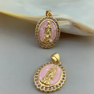 Oval Virgin Mary pendant with pink shell mosaic and zircon stones for DIY necklace jewelry.