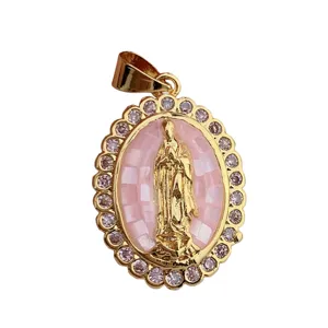 Gold-toned oval Virgin Mary pendant necklace with pink zircon and shell background for DIY jewelry.