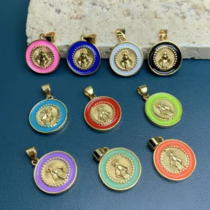 Retro Religious Virgin Mary Pendant Copper 18K Gold Plated Enamel Round Charm For Women DIY Jewelry Making Accessories