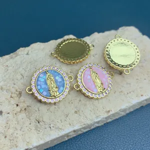 Gold plated Guadalupe charm pendant with pink zircon and shell mosaic for DIY jewelry making.