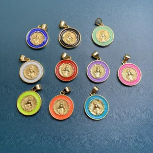 Colorful enamel Virgin Mary pendant set, gold plated metal DIY jewelry accessory for women.