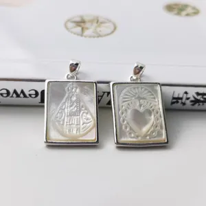 Ciondolo Solo in Argento Sterling 925 e Madreperla Naturale Vergine Maria Sacro Cuore Reliquia Rettangolo Intaglio per Creazione Gioielli Fai da Te