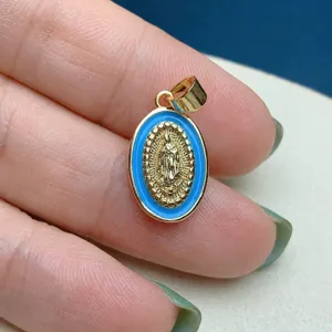 Pendentif ovale en émail bleu Guadalupe doré collier accessoire de bijoux fantaisie DIY.